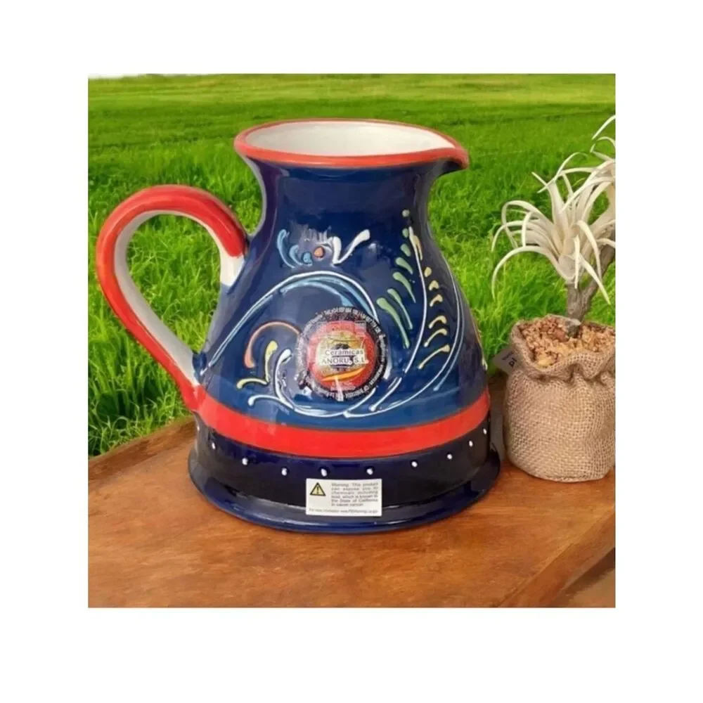 NWT Cerámicas Anoru S.L. Blue Red Hand Painted Ceramic Pitcher Made in Spain
